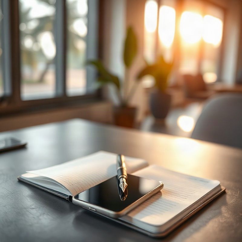 Mesa cinza-ardósia com caderno aberto, caneta e smartphone virado para baixo